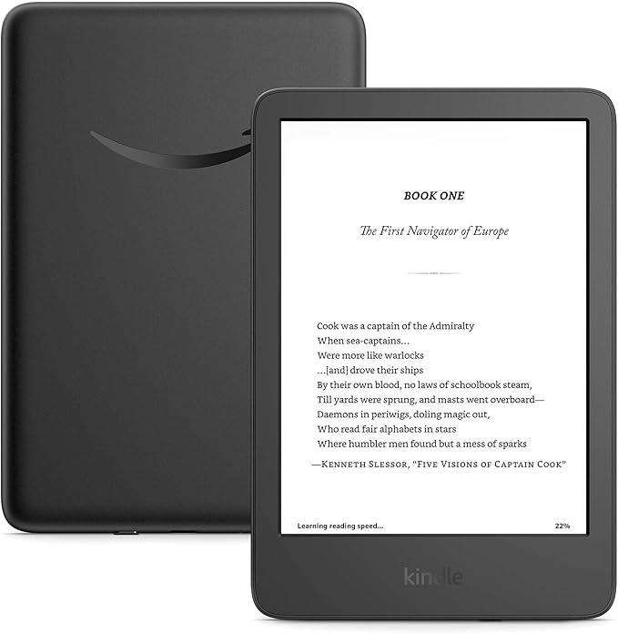 A Kindle Paperwhite displaying a page from an e-book, with text about Captain Cook. The device's back cover is partially visible.