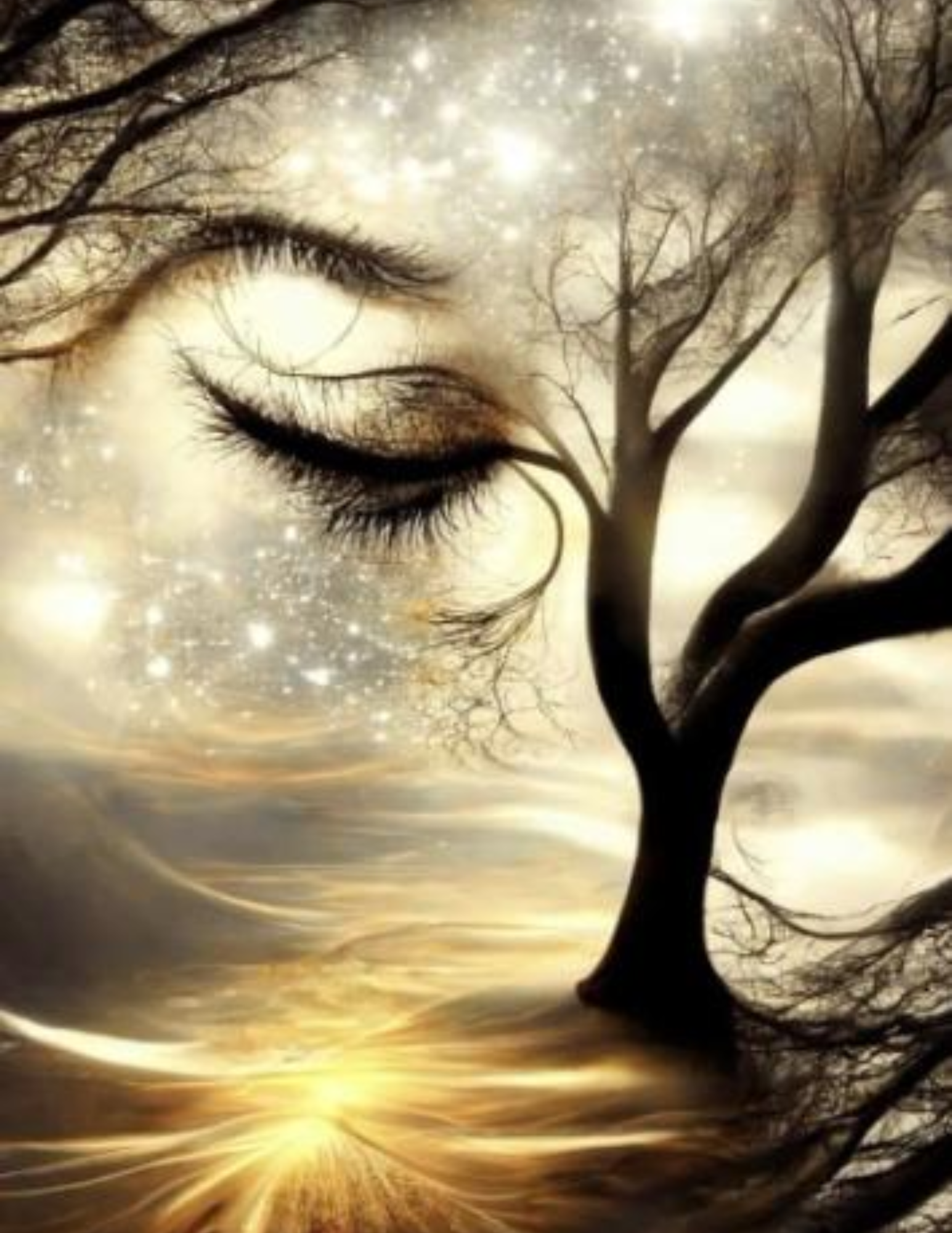 A surreal image blending a tree with a human eye, dreamy and cosmic background with stars.
