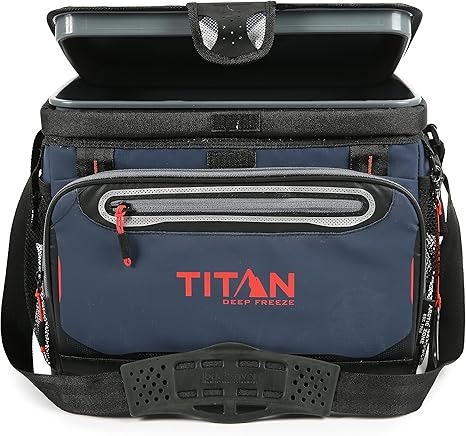Blue and black Titan Deep Freeze cooler bag with an open lid and a front pocket.