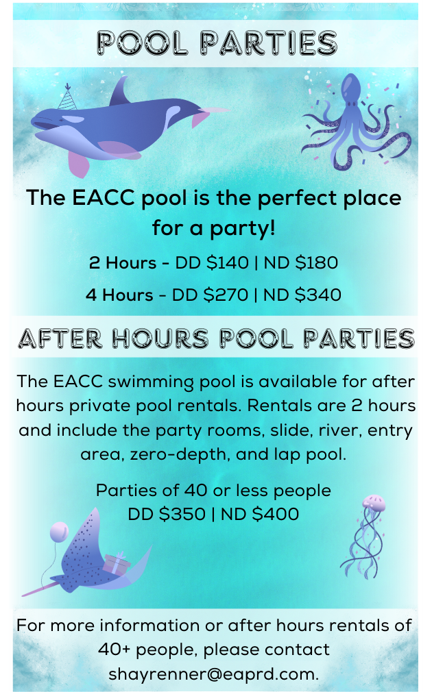 EACC pool rental ad for parties with pricing for 2 or 4 hours and after-hours options. Contact info included.