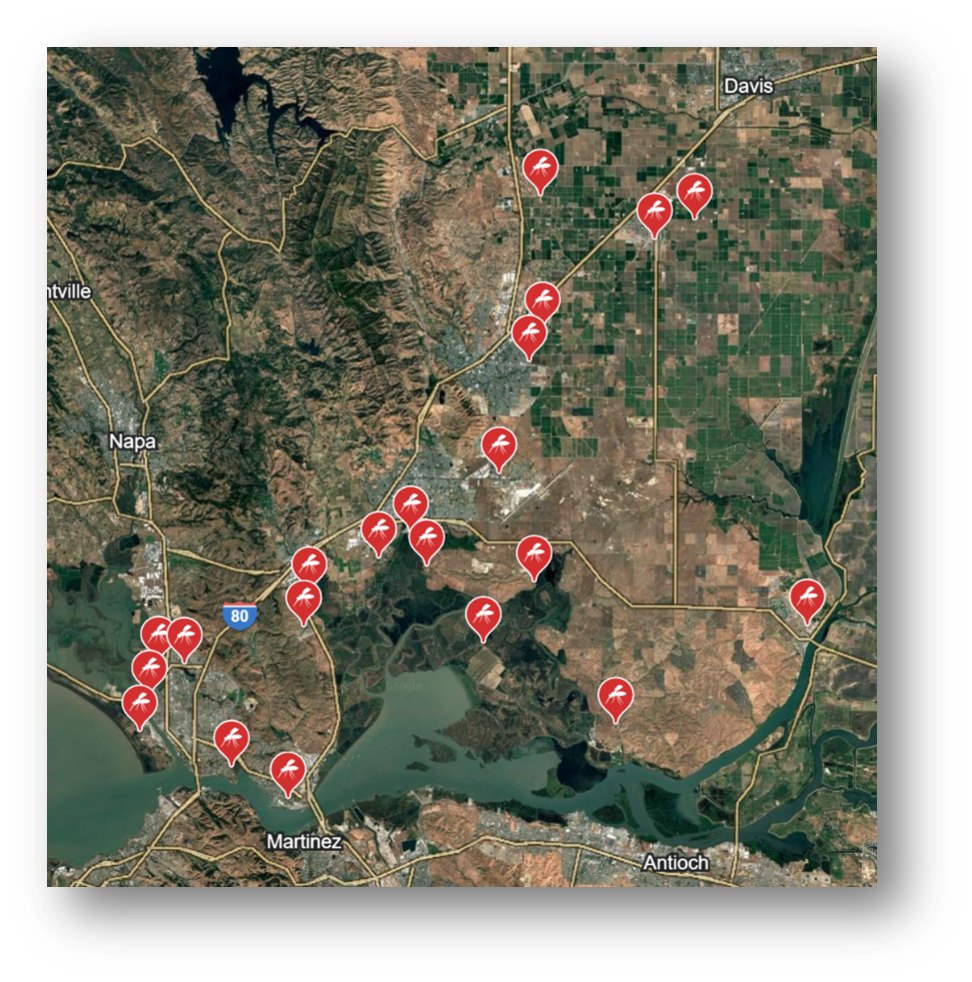 A satellite map with red pin icons scattered across the landscape from Napa to Davis and Antioch, possibly marking specific locations.