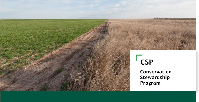 The image shows a contrasting landscape: lush green farmland on one side and dry, barren land on the other, with a program logo.