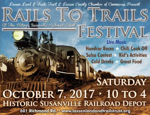 Event poster for the Rails to Trails Festival on October 7, 2017, featuring music, contests, food, and activities at the Susanville Depot.