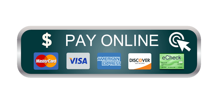 A "Pay Online" banner with credit card logos (MasterCard, Visa, American Express, Discover) and an eCheck option.
