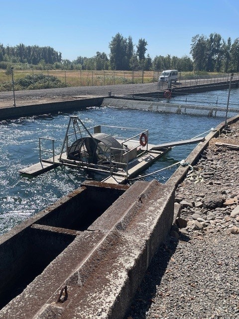 A fish wheel in a canal with a rotating mechanism, surrounded by a rural landscape and a vehicle in the background.
