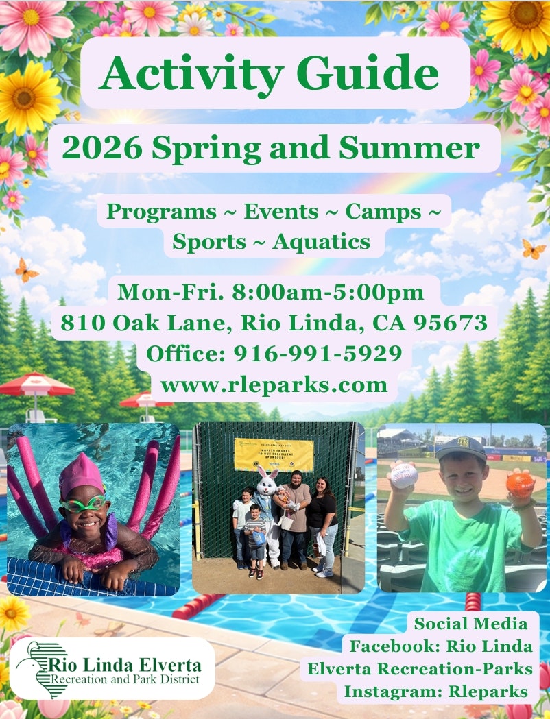 Activity Guide for Rio Linda Elverta Recreation-Parks, featuring spring/summer programs, events, and sports info.