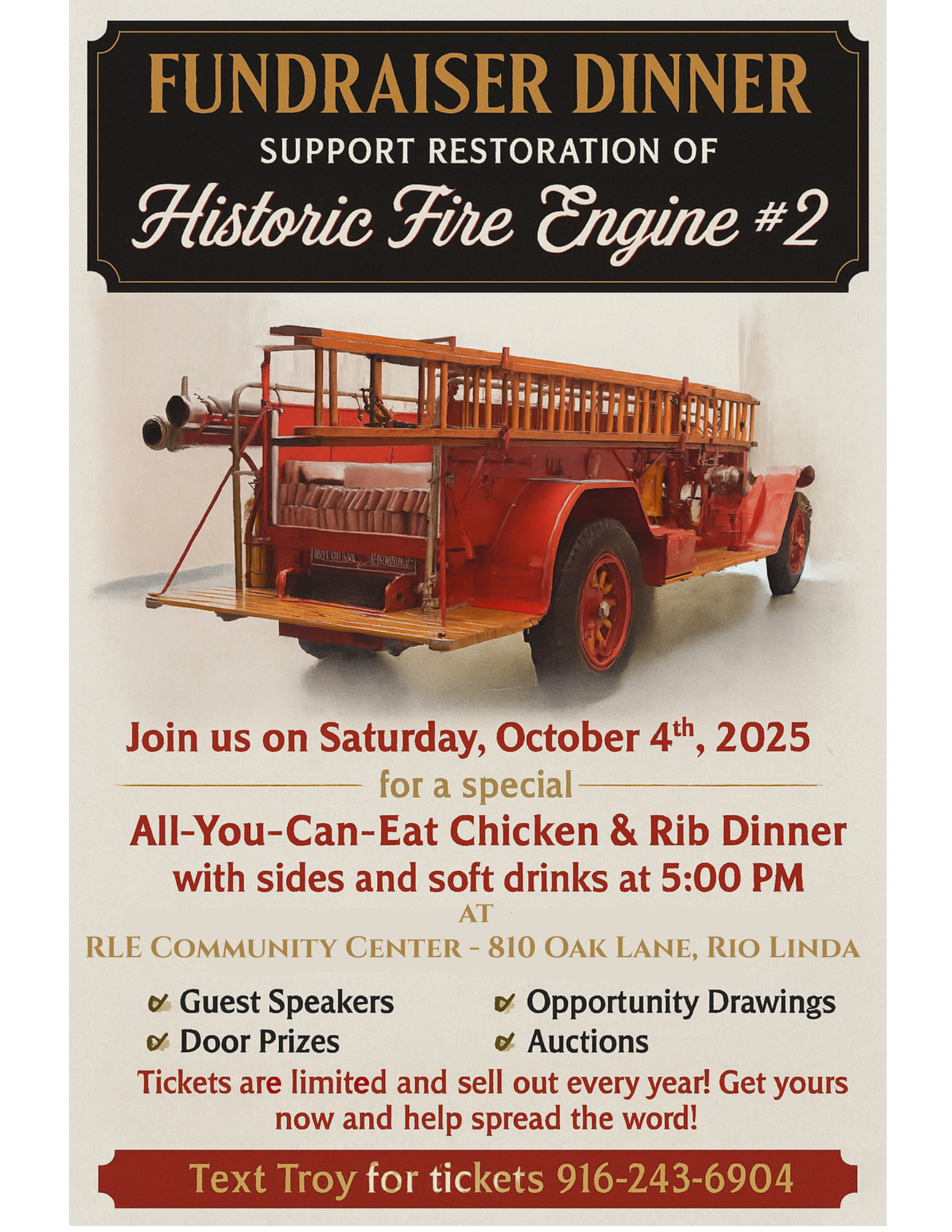 Fundraiser dinner for Historic Fire Engine #2 on Oct 4, 2025, 5 PM at RLE Community Center. All-you-can-eat, guest speakers, prizes.