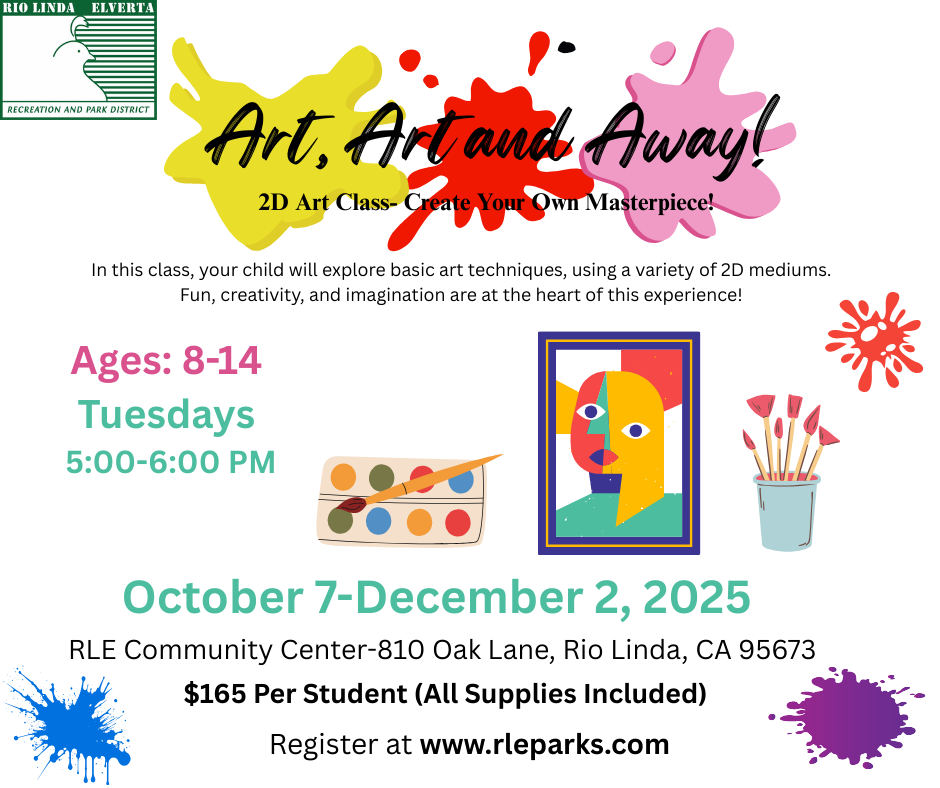 "Art, Art and Away!" 2D art class for ages 8-14, Tuesdays 5-6 PM, Oct 7-Dec 2, 2025, at RLE Community Center. $165, includes supplies.
