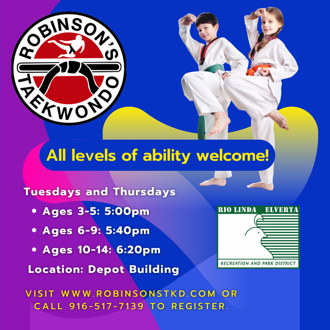 A colorful ad for Robinson's Taekwondo classes for various age groups, with two kids in martial arts poses.