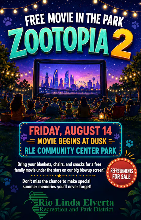 Join for a free outdoor screening of "Zootopia 2" on August 14 at RLE Community Center Park. Bring blankets and snacks!