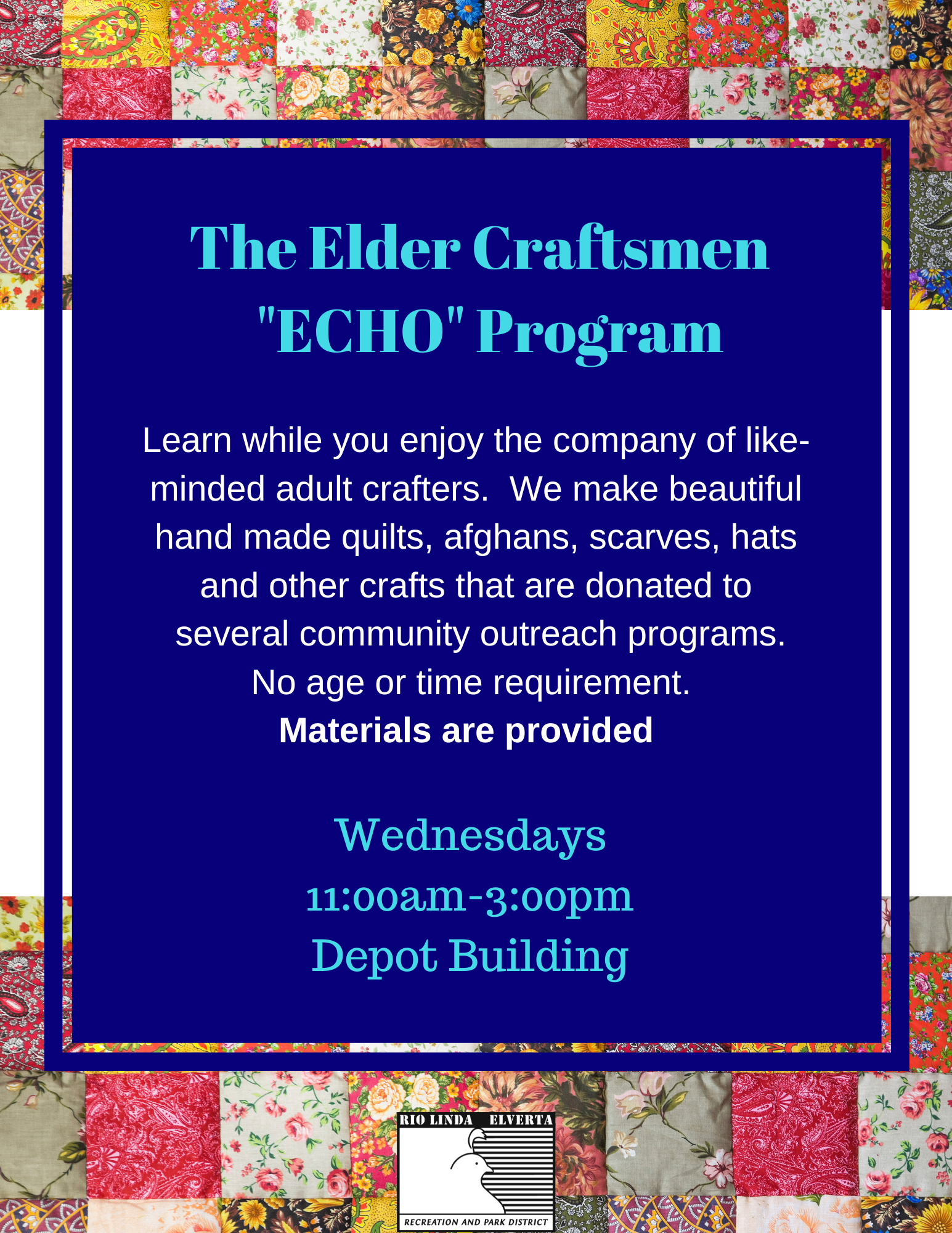 A colorful poster for "The Elder Craftsmen 'ECHO' Program", offering crafting sessions with materials provided on Wednesdays.