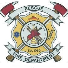 A fire department emblem featuring axes, a hydrant, ladder, and the words "Rescue," "Fire Department," and "Est. 1960."