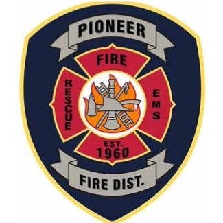 A badge emblem for "Pioneer Fire Rescue EMS" with firefighting symbols, established in 1960.
