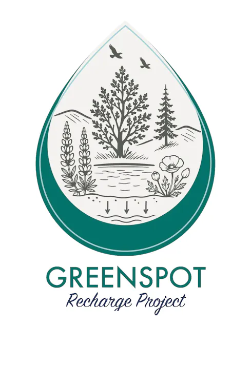 Greenspot logo is green and white with trees, mountains, and percolation pond