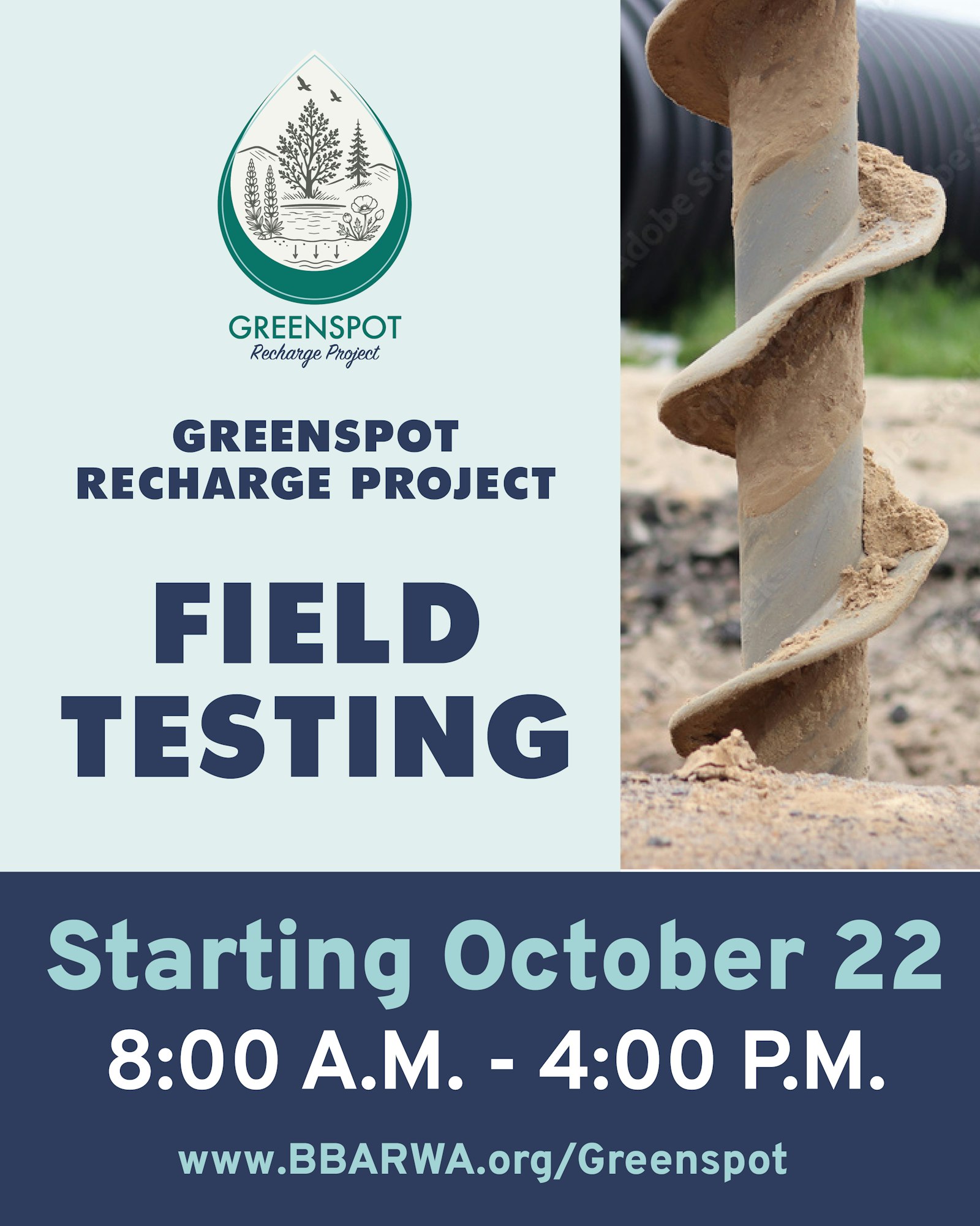 The image promotes the Greenspot Recharge Project's field testing, starting October 22, from 8 AM to 4 PM.