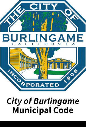 Seal of Burlingame, California with a tree and buildings, text says "City of Burlingame Municipal Code."