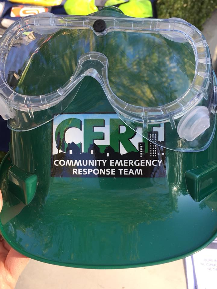 A green hard hat with clear goggles and a "Community Emergency Response Team" logo.