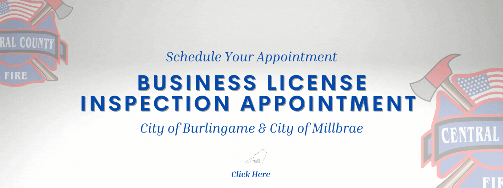 The image promotes scheduling appointments for business license inspections in Burlingame and Millbrae.
