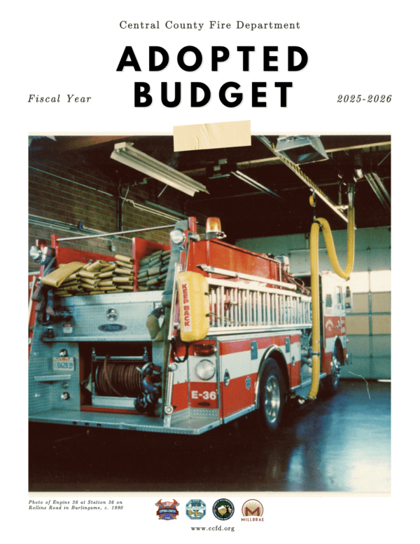 Fire department budget report cover featuring a fire truck at Station 36, with fiscal year 2025-2026 details.