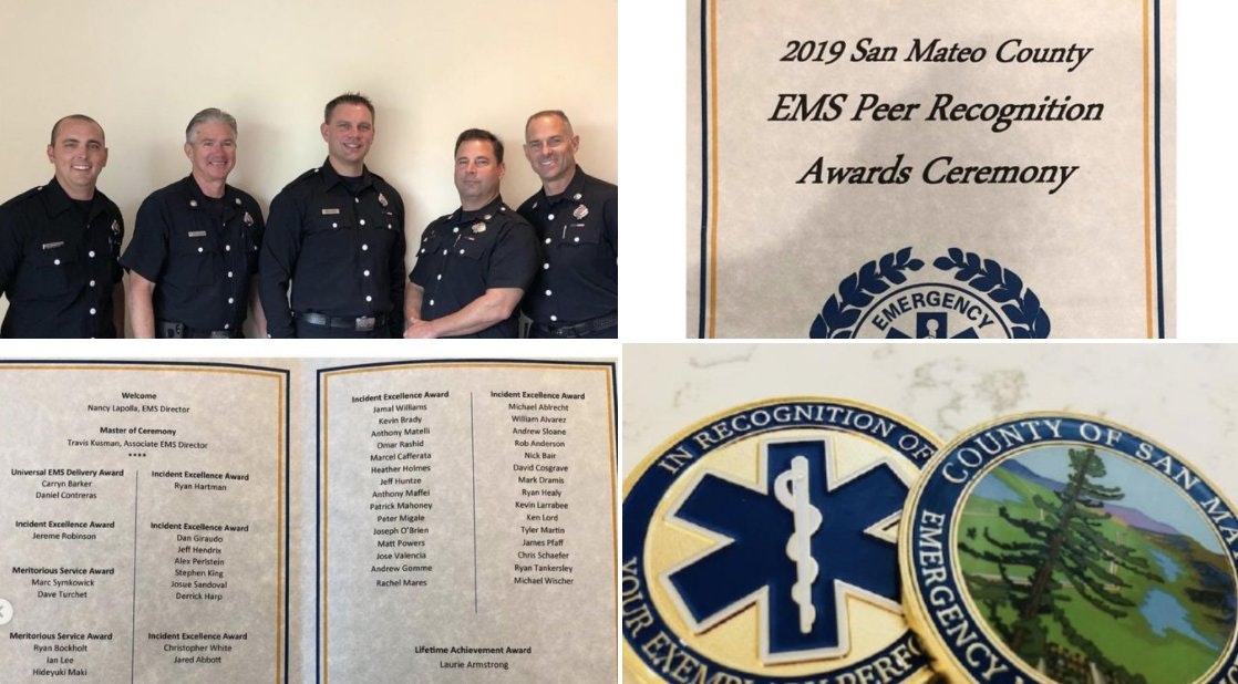 Five people in uniform, award ceremony details, lists of recipients, and recognition pins for San Mateo County EMS.