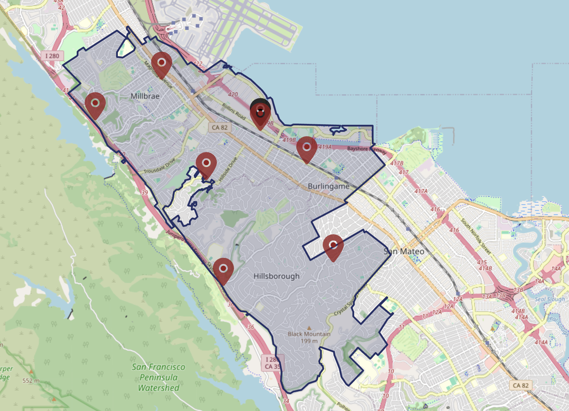 The image depicts a map highlighting areas of Millbrae, Burlingame, and Hillsborough, with marked locations.