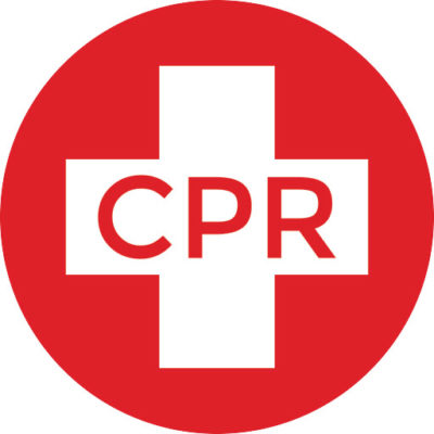 Red circle with a white cross, "CPR" text in the center.