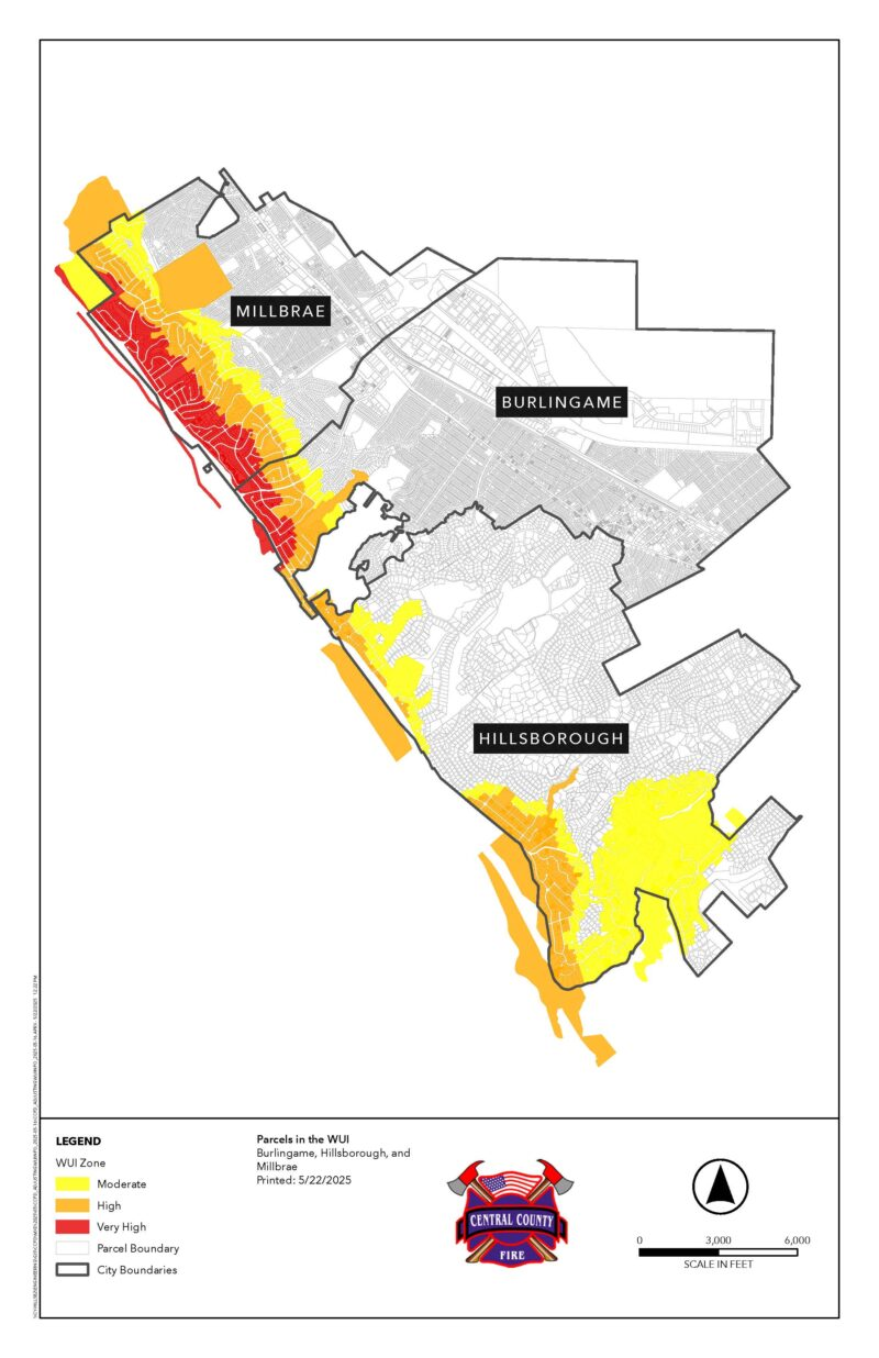 Map of fire hazard zones in Burlingame, Hillsborough, and Millbrae, CA. Zones are marked as moderate, high, and very high risk.