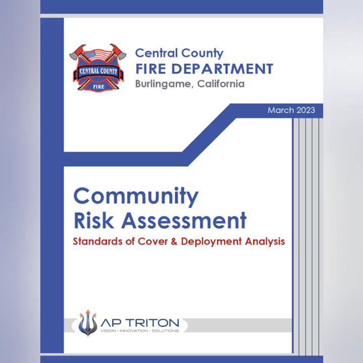 Central County Fire Department report cover, March 2023, titled "Community Risk Assessment" by AP Triton.