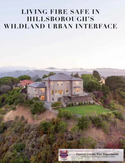 House on a hill with text about fire safety in Hillsborough's Wildland Urban Interface from Central County Fire Department.