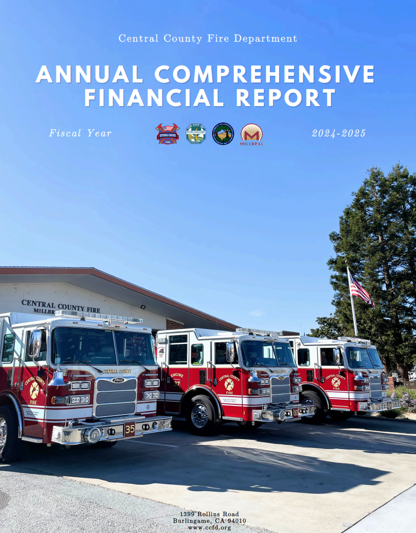 The image features the Central County Fire Department's Annual Comprehensive Financial Report for 2024-2025, with fire trucks in front of the station.