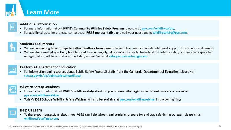 PG&E wildfire safety info: resources, webinars, and feedback opportunities for parents, students, and educators. Contact: wildfiresafety@pge.com ADA Compliant text is available below this image