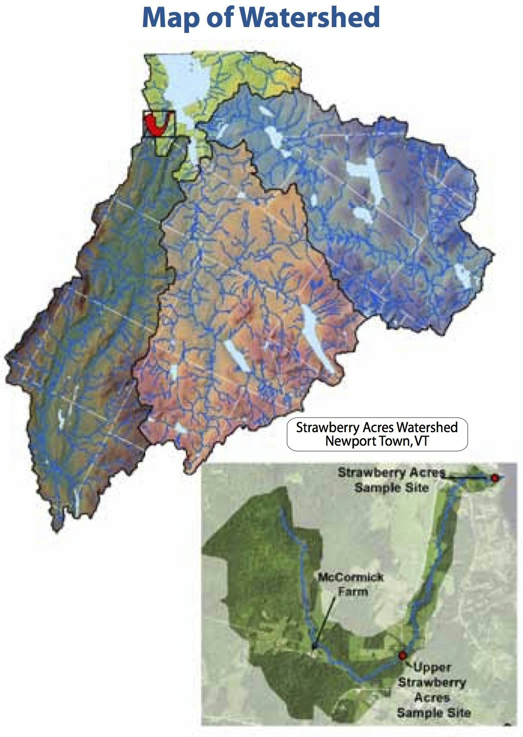 A map showing the watershed areas with a detailed inset of the Strawberry Acres Watershed in Newport Town, Vermont.