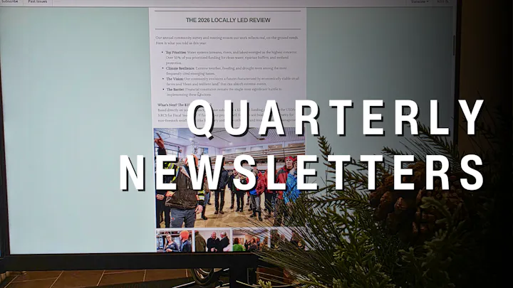 The image shows a screen displaying a newsletter about a community survey with focus topics like water systems and climate resilience.
