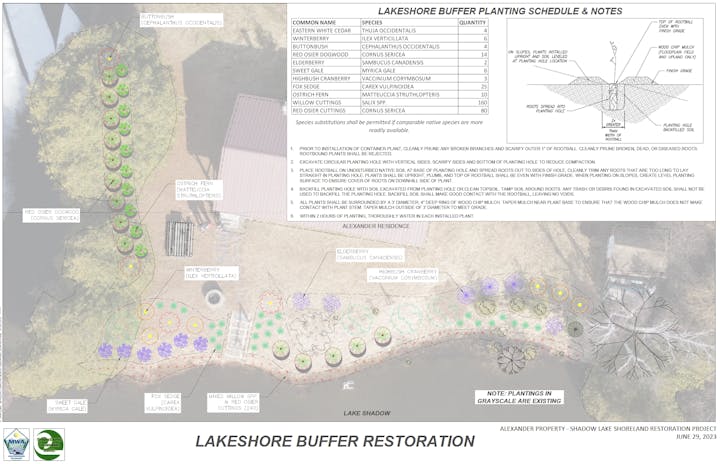 Lakeshore buffer restoration plan with plant schedule, notes, and layout for Alexander property, dated June 29, 2023.