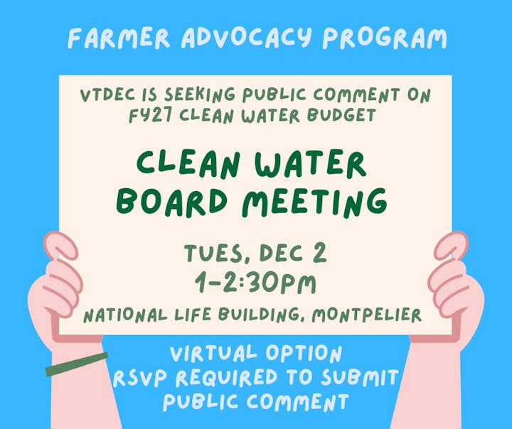 Announcement for a Clean Water Board Meeting on Dec 2, 1-2:30 PM at National Life Building, Montpelier. RSVP required.
