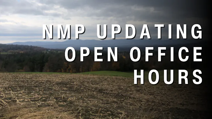 The image shows a landscape with text announcing "NMP Updating Open Office Hours."