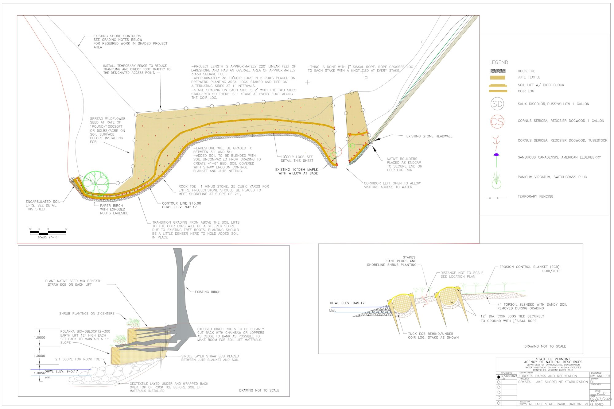 Shoreline stabilization plan with details on soil lifts, logs, and plantings. Includes contour lines, elevation, and construction notes.