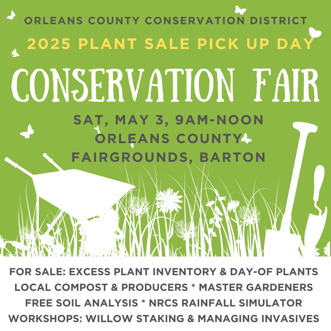 Conservation Fair on May 3, 9AM-Noon at Orleans County Fairgrounds, Barton. Plant sale, workshops, and more!