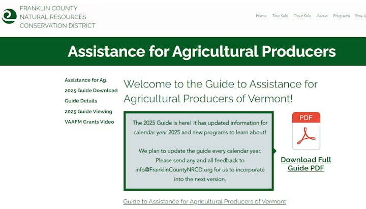 Website for Vermont agricultural assistance guide, 2025 edition available for download as PDF, feedback requested.