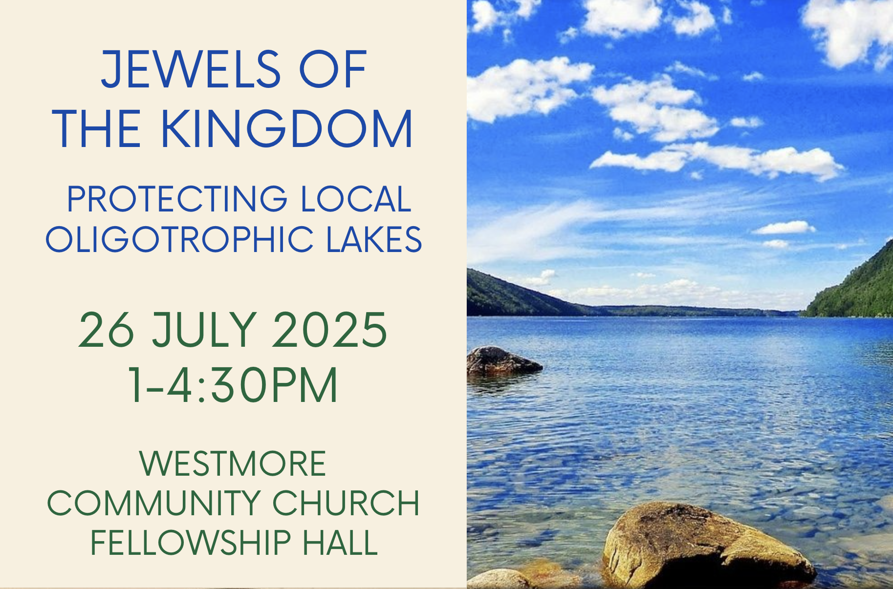 Event flyer: "Jewels of the Kingdom," protecting lakes, 26 July 2025, 1-4:30 PM, Westmore Community Church Fellowship Hall.