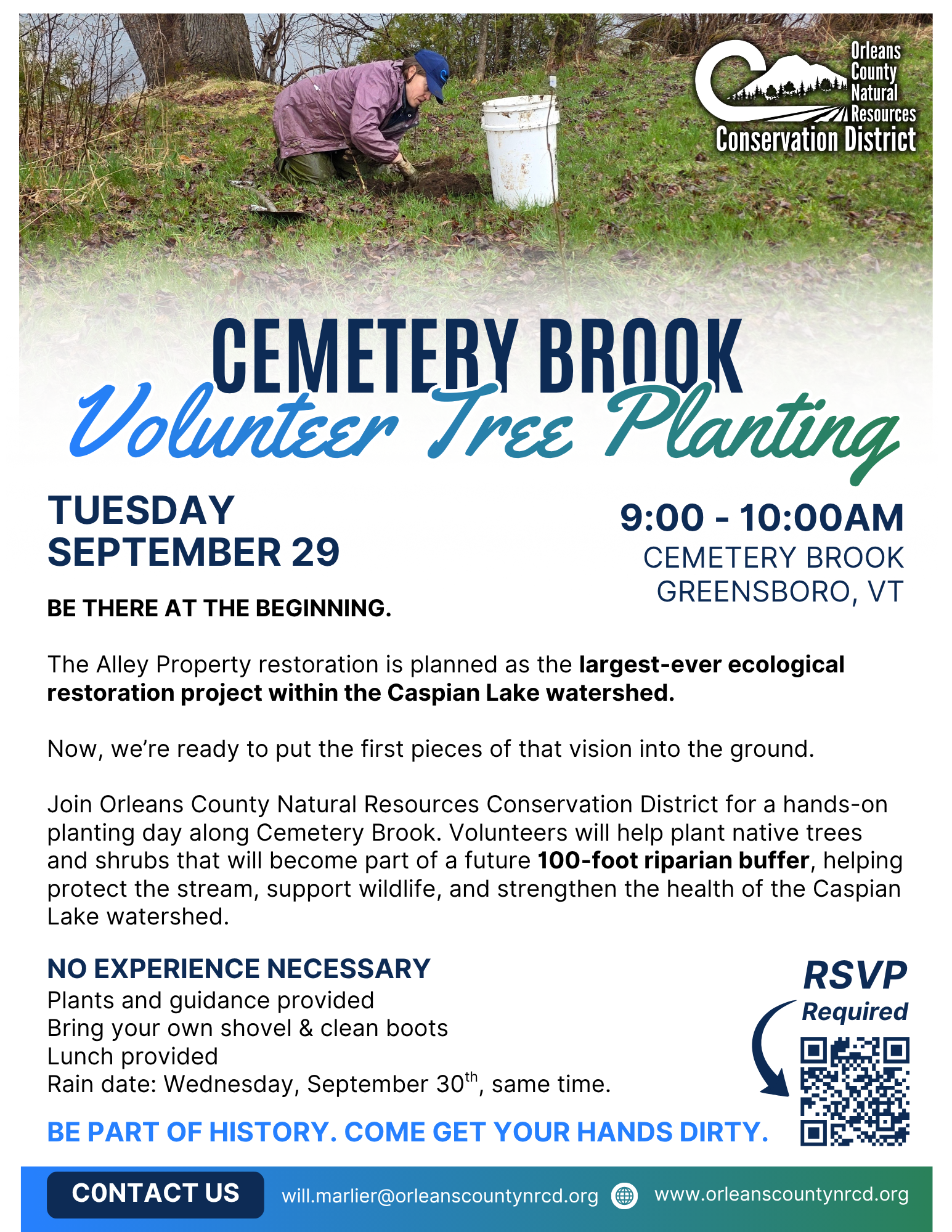 Join the Cemetery Brook Volunteer Tree Planting on Sept 29, 9-10 AM, in Greensboro, VT. No experience needed, lunch provided!