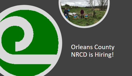 The image announces job openings at Orleans County NRCD and features a logo alongside a photo of people outdoors.