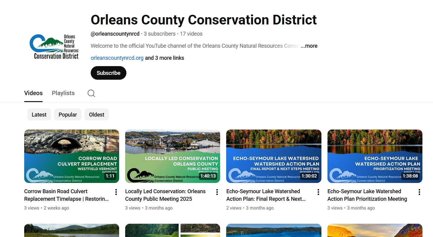 YouTube channel of the Orleans County Conservation District, featuring videos on local conservation efforts.