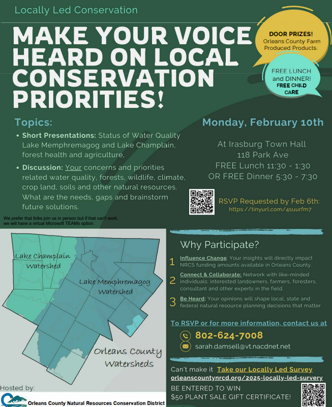 Local conservation meeting on Feb 10th at Irasburg Town Hall. Topics: water quality, forests, climate. Free lunch/dinner, RSVP by Feb 6th.