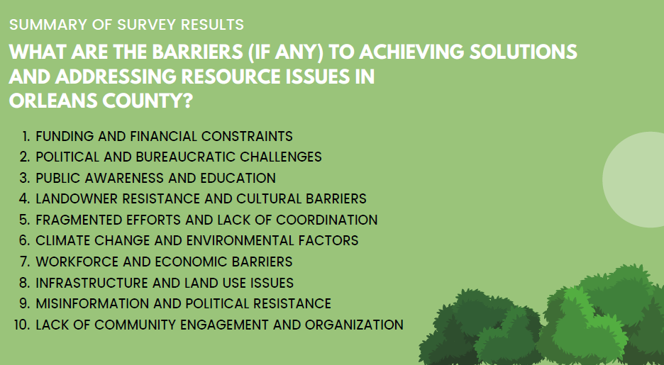 Survey lists ten barriers to solving resource issues in Orleans County, including financial, political, and environmental factors.