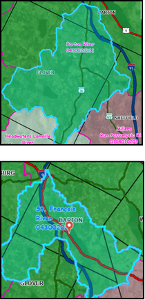 Two maps showing river regions with labels and boundaries.
