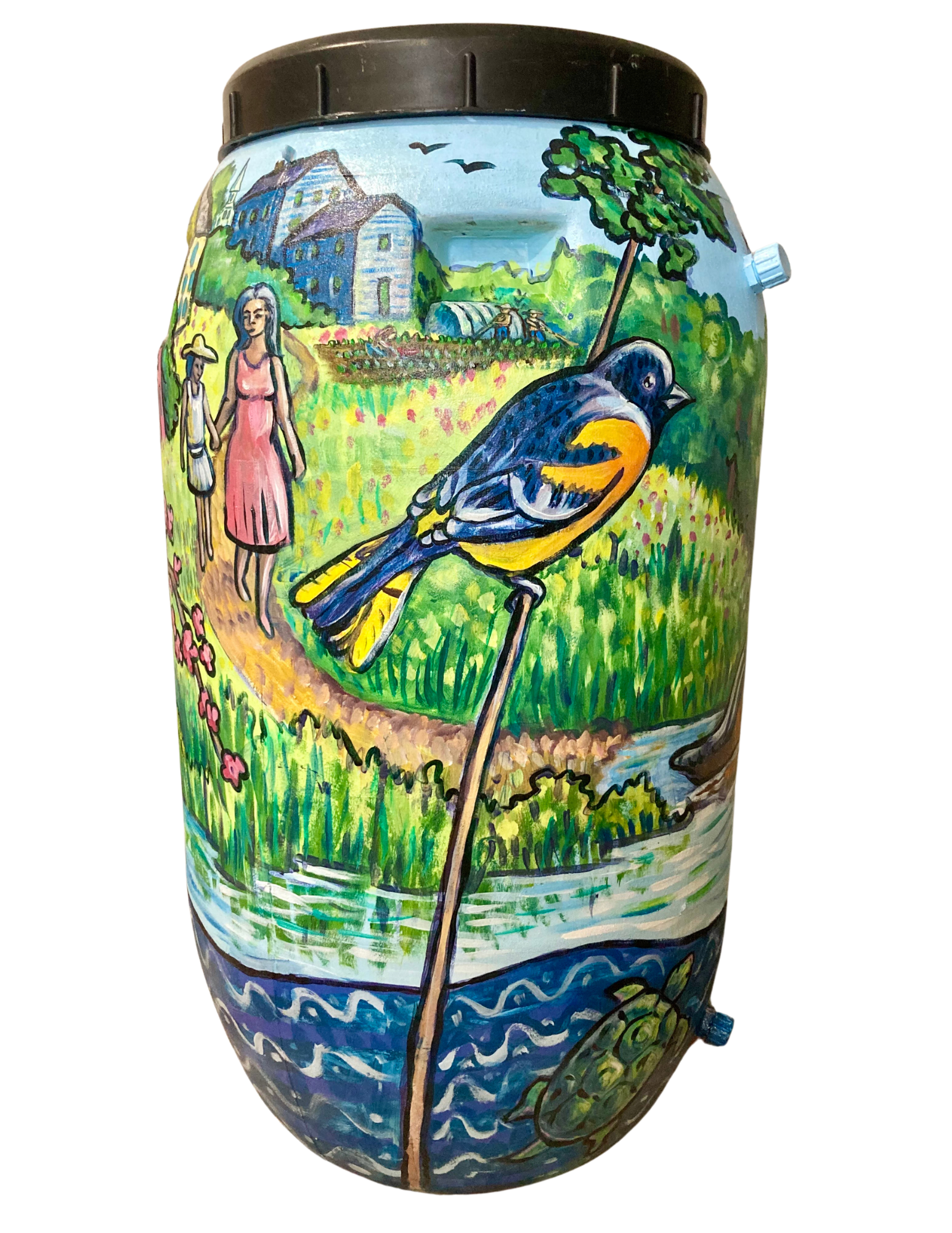 A painted barrel featuring a rural scene: a bird on a branch, a pond with a turtle, people walking, houses, trees, and fields.