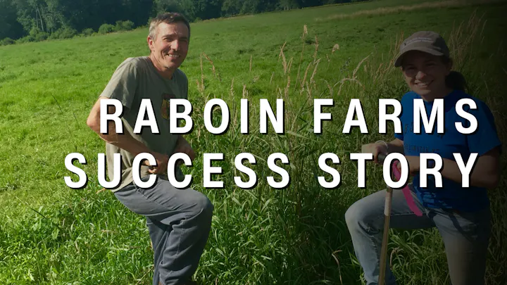 Two individuals are standing in a field, engaged in farming activities, with "Raboin Farms Success Story" text overlay.