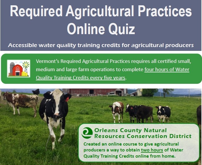 Ad for Vermont's online quiz on Required Agricultural Practices, offering water quality training credits for farmers.