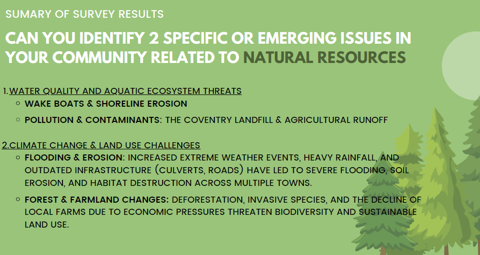 Survey on natural resource issues: water quality threats (wake boats, pollution) and climate challenges (flooding, deforestation).